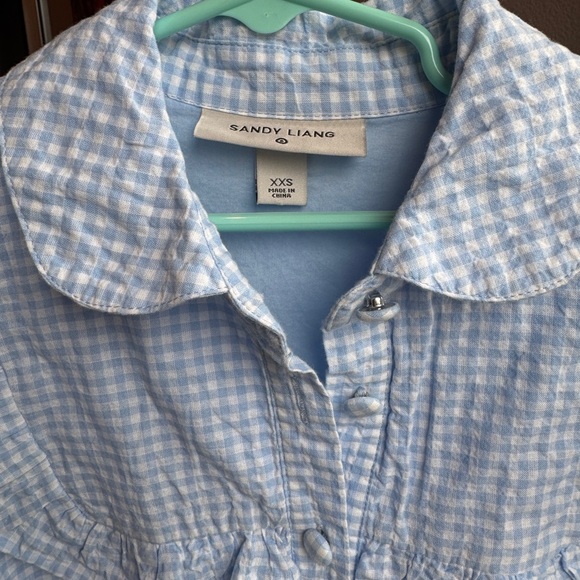 Sandy Liang Petite Light Blue Gingham Ruffle Collar Mini Doll Style Dress - Picture 3 of 4